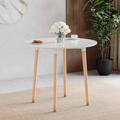 Afbeelding van Vida Designs Batley ronde eettafel, moderne keukentafel met natuurlijke beukenhouten poten, compacte eettafel voor kleine keuken en eetkamermeubels (wit, 4 zits)