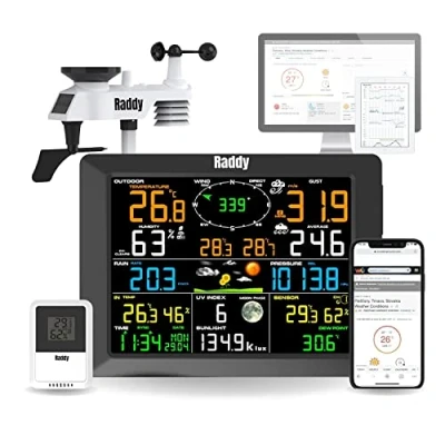 Afbeelding van Raddy WF 100C Weerstation met buitensensor radio, 14 in 1 wifi binnen buitenthermometer 10 inch digitaal kleurendisplay, windmeter, regenmeter, zonnesensor voor thuis, kantoor, tuin