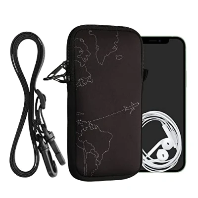 Afbeelding van kwmobile Tasje voor smartphones XXL 7&quot; Hoesje van neopreen in wit / zwart Phone case met nekkoord Travel Vliegtuig design