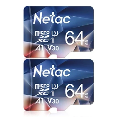 Afbeelding van Netac Micro SD kaart A1, U1, C10, V10, FHD, 600X, UHS I snelheid tot 90/10 MB/sec(R/W) voor telefoon, camcorder, switch, GoPro Tablet 64 GB 2 stuks