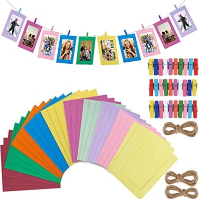 Afbeelding van Fashion HW Set van 30 doe het zelf fotolijsten papier met houten clips en kartonnen koord voor wanddecoratie in huis (meerdere kleuren)