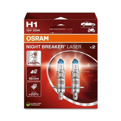Afbeelding van OSRAM NIGHT BREAKER LASER H1, +150% meer helderheid, halogeen koplamplamp, 64150NL 2HB, 12V, Hangende vouwdoos (2 lampen)