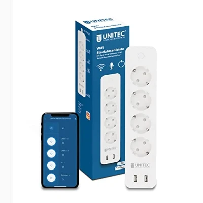 Afbeelding van UNITEC 30798 wifi stekkerdoos, 4 x 2, WLAN smart stopcontact met timer, energiekostenmeting, spraakbesturing en app, 2 USB uitgangen