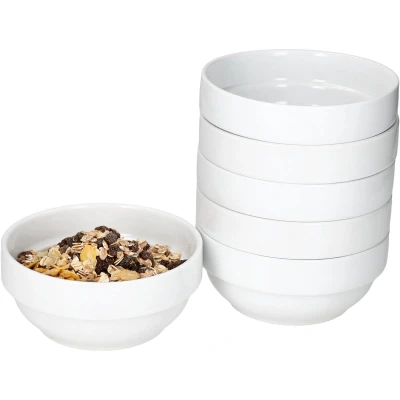 Afbeelding van MamboCat Tommy Set van 6 kommen 14,2 cm, 360 ml, witte stapelbare porseleinen kom voor personen, schaaltjes salade, soep, muesli, chips enz. I servies ontbijt, lunch en diner