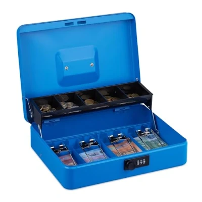 Afbeelding van Relaxdays geldkistje met vakken afsluitbaar cijfercode geldkluisje kleine kassa blauw