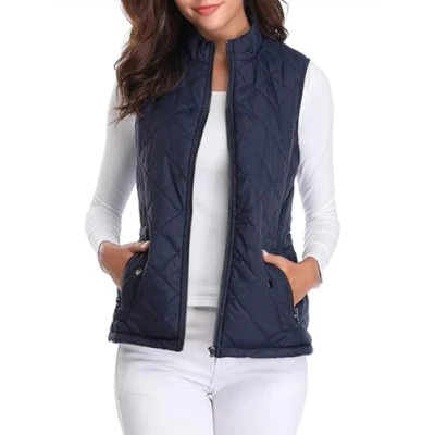 Afbeelding van Fuinloth Vrouwen Gewatteerd Gilet, Staande Kraag Lichtgewicht Vest met Ritssluiting Donkerblauw X Large