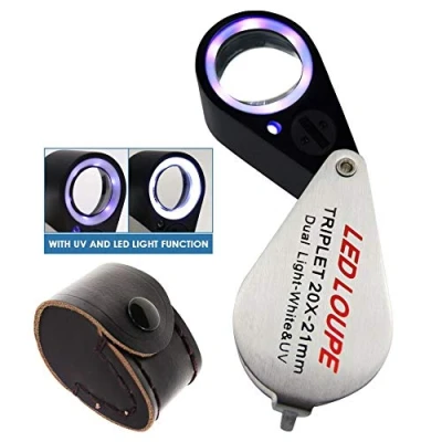 Afbeelding van 20x vergroting juweliers oogloep triplet lens vergrootglas opvouwbaar met UV licht voor edelstenen, sieraden, munten, postzegels, etc + &amp; wit LED