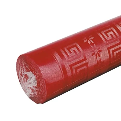 Afbeelding van Pro Nappe Damastpapieren wegwerptafelkleed op een rol van 50 m lang en 1,18 breed Damastpapier met chic klassiek universeel patroon 166 bestekken Rode kleur