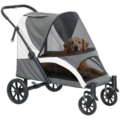 Afbeelding van PawHut Hundewagen Hundebuggy klappbar für große Hunde &amp; Katzen bis 30 kg Katzenbuggy mit Kissen Netzfenstern Türen Aufbewahrungstasche Katzenwagen Sicherheitsleinen, Bremsen, Buggy Dunkelgrau