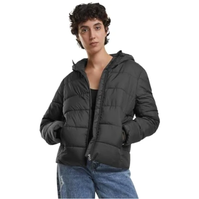 Afbeelding van Urban Classics dames winterjas korte puffer jas met capuchon, capuchon en elastiek in de rug, zwart, XL