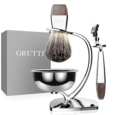 Afbeelding van GRUTTI Scheerset, scheermesstandaard met scheerschaal en dakhaar scheerkwast scheerapparaat, compatibel Mach 3, Deluxe scheermes borstelhouder van chroom