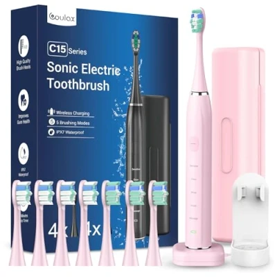 Afbeelding van Sonic elektrische tandenborstel, sonische COULAX reistandenborstels, met 8 koppen, 5 modi, timer, lichtroze