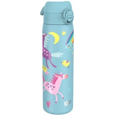 Afbeelding van ION8 Stalen Waterfles, 600 ml/20 oz, Lekvrij, Makkelijk te Openen, Veilige Vergrendeling, Vaatwasserbestendig, Hygiënische Flipcover, Draaggreep, Duurzaam, Reliëfprint, Blauw Eenhoorns Drinkfles