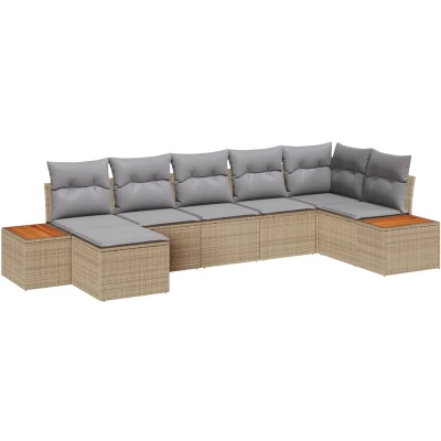 Afbeelding van vidaXL 7 Delige Tuinbank Set met Kussens Beige Poly Riet Acacia