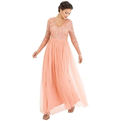 Afbeelding van Maya Deluxe Damesjurk met mouwen voor bruiloftsgast, V hals, hoge empire taille, maxi, lange lengte, avondfeest, bruidsmeisje, gala, Abrikoos, 42