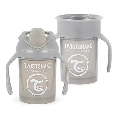 Afbeelding van Twistshake Non Spill Baby Sippy Cups Set Van 2 1x 360 Cup + Mini Lekvrije Oefenbeker Voor Kinderen BPA Vrij Lerende Babywaterfles Grijs