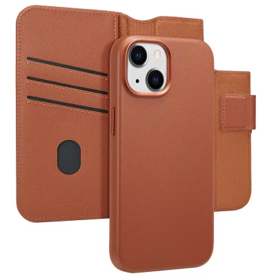 Afbeelding van Apple iPhone 15 MagSafe Hoesje Echt leder Accezz Bookcase/2 in 1 Case Bruin Telefoonhoesje