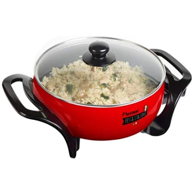 Afbeelding van Bestron elektrische Hapjespan Ø26cm, multifunctionele Partypan met glazen deksel, antiaanbaklaag &amp; thermostaat, 1.500 watt, kleur: zwart/rood