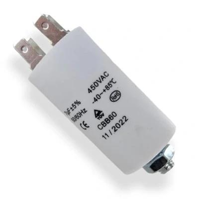 Afbeelding van DEKAROX Universele condensator 7µF 450V Ø30x57mm met 6,3mm AMP steekvlaggen bevestigingsschroef M8 CBB60 motorstart en loopcondensator voor elektrische huishoudelijke apparaten