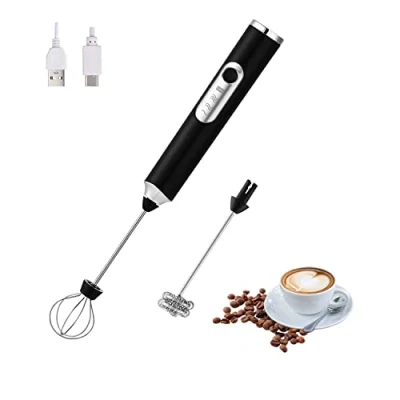Afbeelding van HYTTER Draagbare elektrische melkopschuimer met 2 koppen, schuimmixer USB oplaadbaar 3 snelheden, voor latte, cappuccino, warme chocolademelk, ei (zwart)