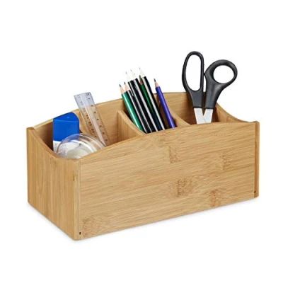 Afbeelding van Relaxdays Bureau organizer bamboe 4 vakken pennenbak opbergbakje desk