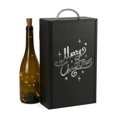 Afbeelding van ONLY BOXES Verpakking van 4 stuks, elegant etui voor 2 flessen met handvat, gerecycled karton, zilveren metallic print, feesten