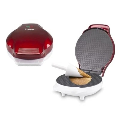 Afbeelding van BEPER P101CUD002 Elektrische wafelijzer, 1000 W, Wafelijzer voor hoorntjes van 18 cm, Geïsoleerde handgreep, Accessoires inbegrepen, Wit/Rood