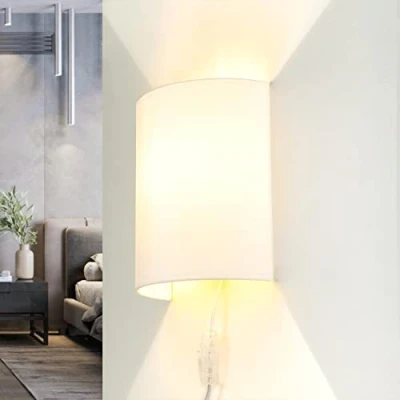 Afbeelding van Licht Erlebnisse Wandbinnenlamp stof in wit woonkamer slaapkamer hal H :23 cm E27 met stekker Up Down verblindende arm huiselijke wandlamp modern ALICE