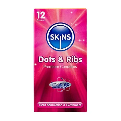 Afbeelding van Skins Premium condooms met stippen en ribben, multipack, geen latexgeur extra smering, verpakking van 12 stuks