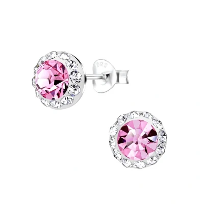 Afbeelding van JoyS Zilveren oorbellen kristal roze 9 mm ronde elegante oorknoppen