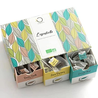 Afbeelding van Doos met Biologische Premium Thee L’ESSENTIELLE Assortiment van 6 Theesoorten, 48 piramidevormige zakjes Geschenkidee