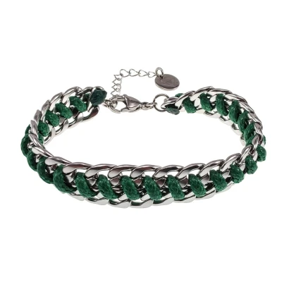 Afbeelding van 17cm tot 20cm Armband Dames Groene Gepolijst RVS Cubaanse Schakelsarmband met Koord Verstelbaar