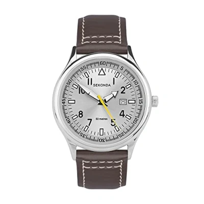 Afbeelding van Sekonda Heren 42mm Pilot Style Quartz Horloge met Analoge Display Datum Venster en Lederen Band 50m Waterbestendig, Zilver, Riem