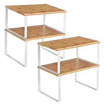 Afbeelding van SONGMICS Keukenopberger, 4 keukenplanken, kastopberger, stapelbaar, uitbreidbaar, metaal en bamboe, wit naturel KCS010N01
