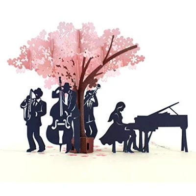 Afbeelding van MOKIO® Pop Up Kaart Jazzconcert onder een bloeiende boom 3D wenskaart voor verjaardag of bruiloft, jubileum, pensionering, handgemaakte cadeaukaart met envelop