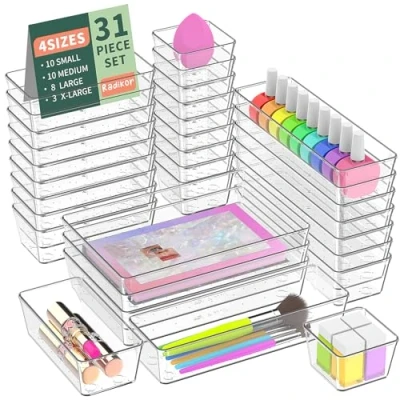 Afbeelding van Radikor Ladeorganizer, 31 stuks, organizer voor make up, laden van transparante kunststof, stapelbaar, 4 maten, container badkamer, keuken, bureau