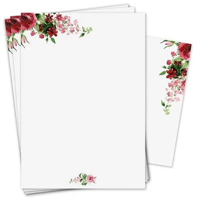 Afbeelding van Briefpapierset, rozenmotief met enveloppen, 50 vellen, 90 g/m², DIN A4, stijlvol schrijfpapier, veelzijdig bruikbaar, lichtgroen, roze, rood, verjaardag, oorkonde, menu, dv_440