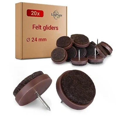 Afbeelding van LouMaxx Stoelviltdoppen met spijker rond, Ø 24 mm donkerbruin stoelglijders 3 dik vilt viltdoppen voor stoelen premium stoelpootbeschermers ook meubels 20 stuks
