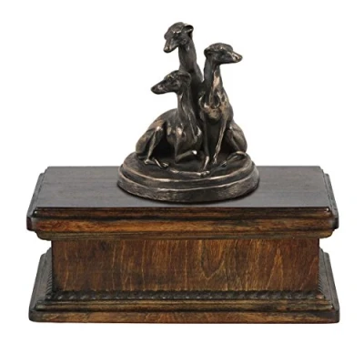 Afbeelding van Art Dog Custom Mama Sitting Statue Memorial Urn Handgemaakt koud gegoten brons op berkenhouten voet 24,5x29x21cm 5l Whippets