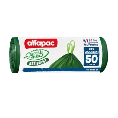 Afbeelding van Alfapac 10 vuilniszakken 50 l met schuifband, robuust, gemaakt in Frankrijk, gerecyclede en plantaardige bi materialen