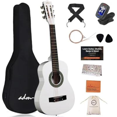 Afbeelding van ADM 1/4 klassieke gitaarset voor kinderen, 30 inch junior beginners met gigbag, clip on tuner, riem, plectrums, extra snaren, opbergtas en reinigingsdoek (wit)