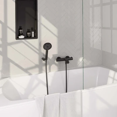 Afbeelding van Brauer Black Edition Badkraan douchegarnituur handdouche rond 3 standen gladde knop mat zwart