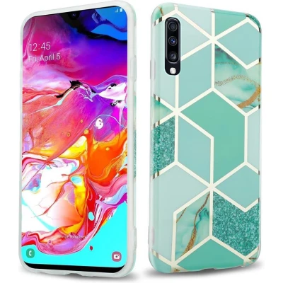 Afbeelding van Cadorabo Hoesje geschikt voor Samsung Galaxy A70 / A70s in Groen Lichtgroen Goud Marmer No. 3 Beschermhoes gemaakt van TPU siliconen Case Cover met mozaïek motief