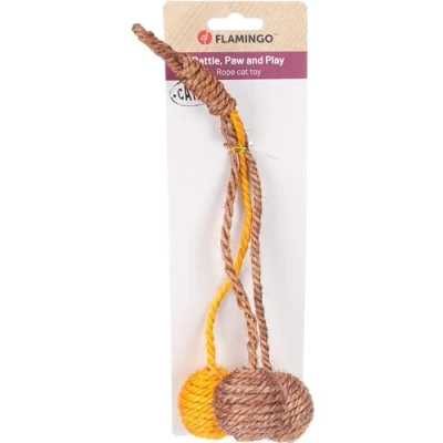 Afbeelding van Flamingo Justo kattenspeelgoed met touw, bruin en geel, 25 x 9 4,5 cm, rammelend geluid kattenkruid
