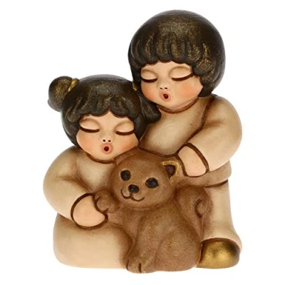 Afbeelding van THUN Figuur wieg paar kinderen met kat kerstdecoratie huis lijn wieg, variant beige keramiek 5,5 x 4 6,5 cm