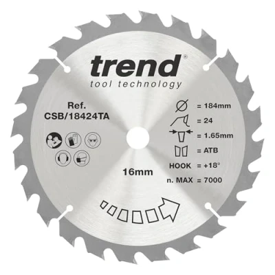 Afbeelding van Trend Hout draadloos cirkelzaagblad, 184mm diameter, 16mm boring, 24 tanden, TCT, 1,8 mm kerf, +15 haak, CSB/18424TA