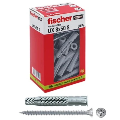 Afbeelding van Fischer 50 pluggen UX met schroef, 8 x mm, voor muren, geperforeerde steen, gipsplaat, 542456