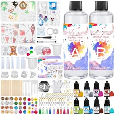 Afbeelding van KIMIGO Epoxyhars kit,Epoxyhars Craft Kit,500 ml Hars gietset met Accessoires,voor doe het zelf Halskettingen,met Maatbeker,Oorbellen
