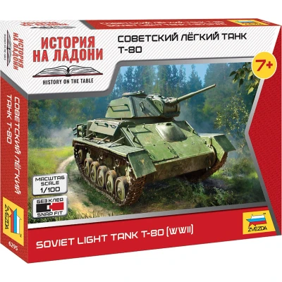 Afbeelding van 1:100 Zvezda 6295 T 80 Soviet Light Tank Snap Fit Kit Plastic Modelbouwpakket