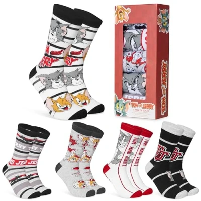Afbeelding van Tom and Jerry Herensokken, 5 stuks, ronde sokken voor mannen, tieners, ademend, werk, sport, casual, maat 36 10, cadeaus hem, Grijs/Multi, One size